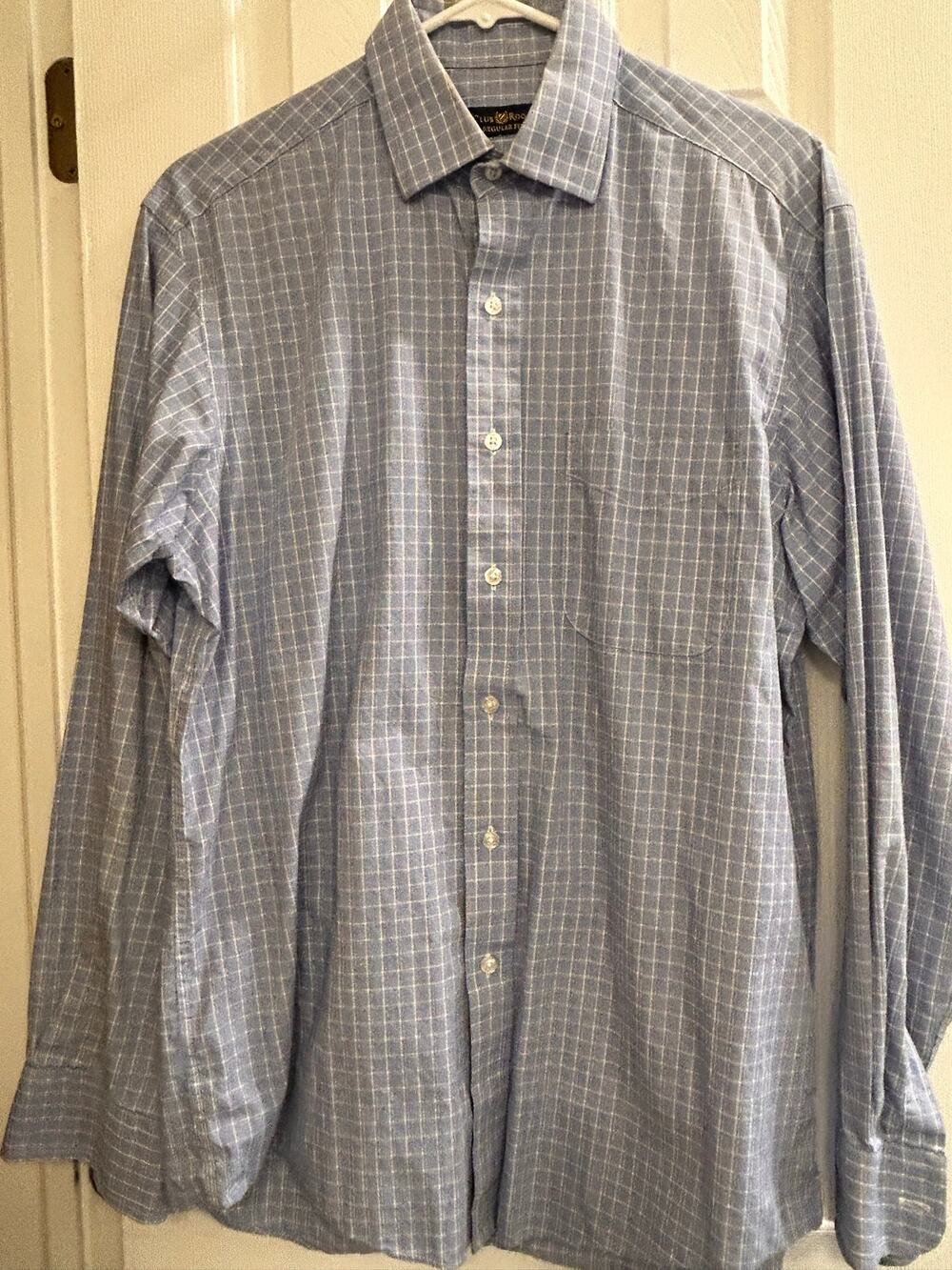 Club Room Mens Dress Shirt 15.5 34/35 Blue White Grid Check Plaid Regular Fit